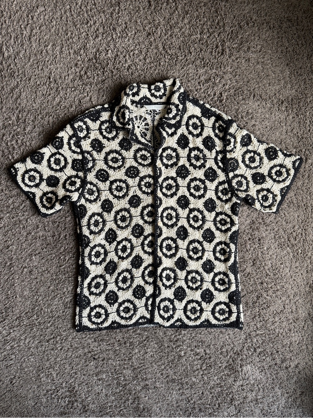 Zara Black and Cream Crochet Knit Short Sleeve Shirt